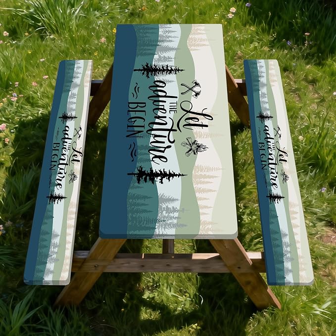 Picnic Table Cover with Bench Covers, Rectangle Tables, Waterproof Elastic Fitted Tablecloths for 6 Foot, Washable Tablecloth for Camping, Outdoor (Green, 30"x60")