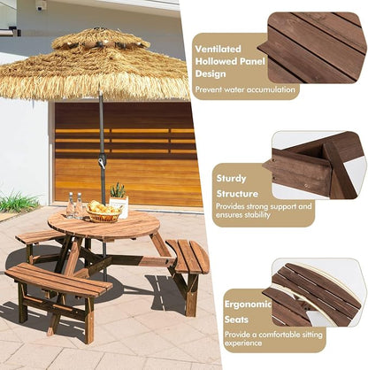 Tangkula 6 Person Wood Picnic Table, Outdoor Round Picnic Table with 3 Built-in Benches, Umbrella Hole, Outside Table and Bench Set for Garden, Backyard, Porch, Patio, 500lbs Capacity Per Bench
