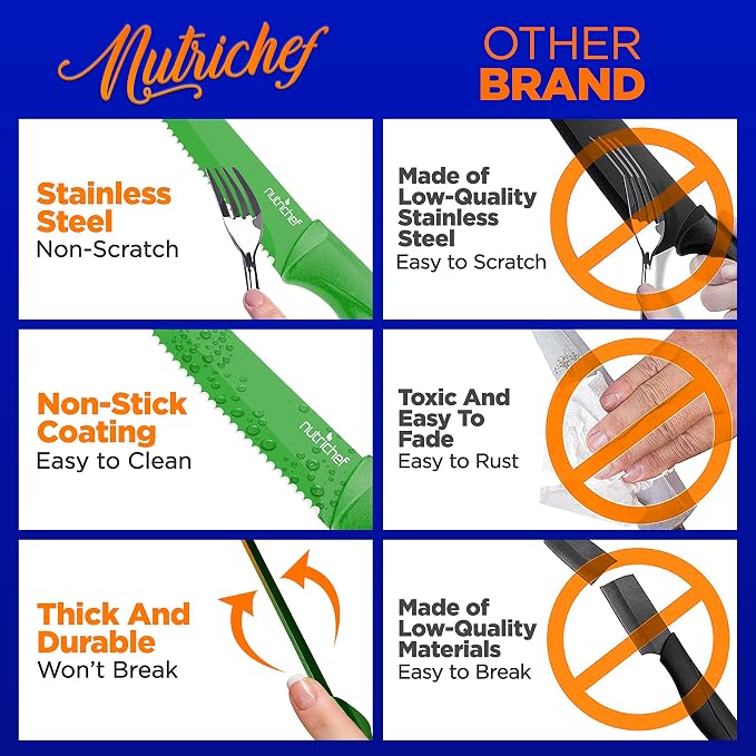 NutriChef Steak Knife Set of 8 - Premium Serrated Stainless Steel Kitchen Knife Set - Ergonomic Design, Sharp Blades, Non-Stick, & Rust-Resistant - Perfect for Home, BBQ's & Restaurants Green