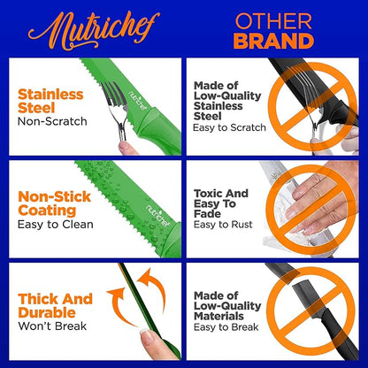 NutriChef Steak Knife Set of 8 - Premium Serrated Stainless Steel Kitchen Knife Set - Ergonomic Design, Sharp Blades, Non-Stick, & Rust-Resistant - Perfect for Home, BBQ's & Restaurants Green