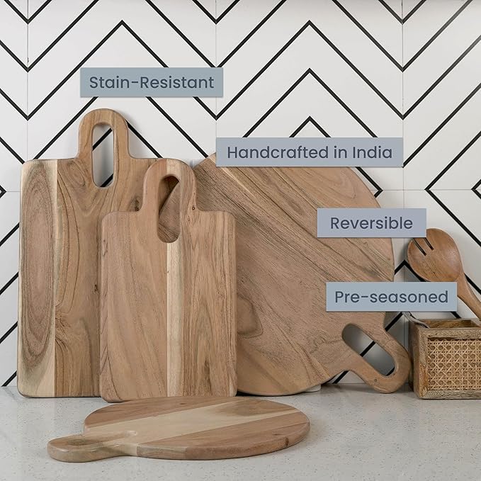 The Fine Living Co. Wood Serveware Board, Chopping Board, Acacia Wood Charcuterie Board, Pizza Bread Board for Serving Meat, Fruits, Non-slip Board, 0.6" Thick & Food Safe Wood Board, 14”x8”