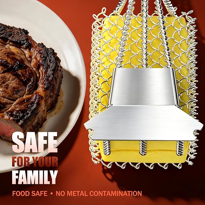 Bristle-Free Grill Brush with Scraper - Safe Steam Clean BBQ Brush with 18" Heat-Resistant Handle, 304 Stainless Locked-Core Mesh Head & HD Scraper | No Loose Wires Design | Grill Grate Cleaner Tool