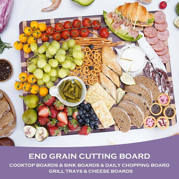 YOUSUNLONG End Grain Cutting Board - 20"L x 16"W Purple Heart Wood Chopping Board -1.5 Inch Thick with Juice Groove and Hand Grip - Butcher Block,Barbecue Tray,Cooktop Board,Cheese Board