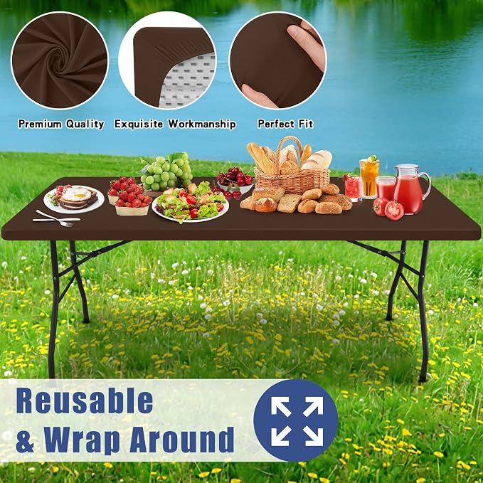 Moosfor 2 Pack Rectangle Spandex Fitted Table Cloth, 5FT Elastic Tablecloth | Washable Picnic Table Cover, Stretch Waterproof Table cloths for Party, Patio, Dining, Kitchen, 30" x 60", Coffee