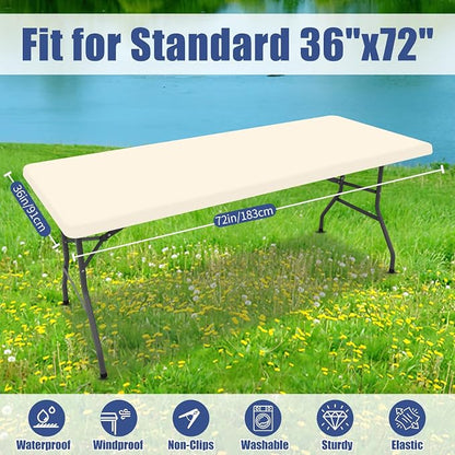 Moosfor Spandex 6 Foot Rectangle Table Cloth, Elastic Fitted Tablecloths for Picnic, Stretch Washable Patio Table Cover for Outdoor, Camping, Banquet and Parties (Beige, 36"x72")