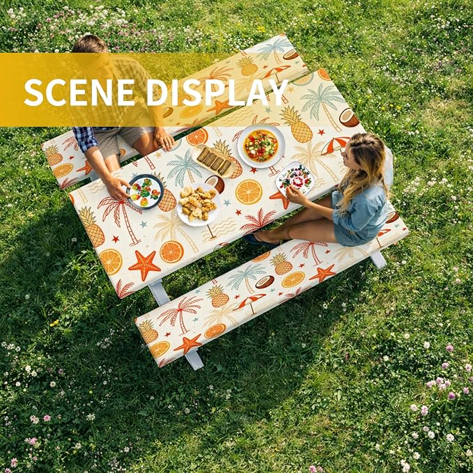Picnic Table Cover with Bench Covers, 72 X 30 Inch Elastic Fitted Camping Tablecloth with Strap Design for 6FT Rectangle Tables, Windproof Outdoor Tablecloth Set with Storage Bag