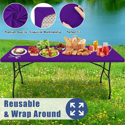 Moosfor 2 Pack Rectangle Spandex Fitted Table Cloth, 5FT Elastic Tablecloth | Washable Picnic Table Cover, Stretch Waterproof Table cloths for Party, Patio, Dining, Kitchen, 30" x 60", Purple