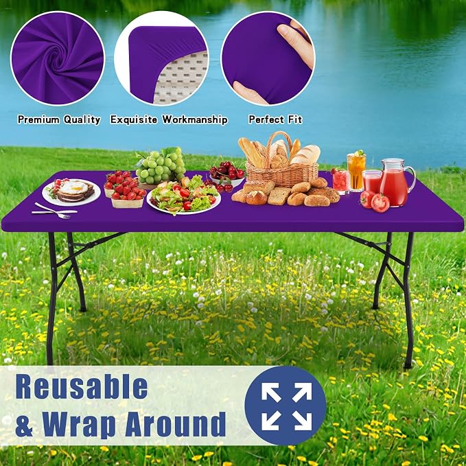 Moosfor 2 Pack Rectangle Spandex Fitted Table Cloth, 6FT Elastic Tablecloth | Washable Picnic Table Cover, Stretch Waterproof Table cloths for Party, Patio, Dining, Kitchen, 30" x 72", Purple