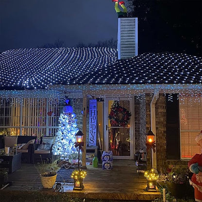 LJLNION Christmas Net Lights, 360 LED 12ft x 5ft Connectable Mesh Fairy String Lights, 8 Modes Low Voltage Safe Adaptor for Xmas Trees, Bushes, Wedding, Outdoor Holiday Garden Decorations, Cool White