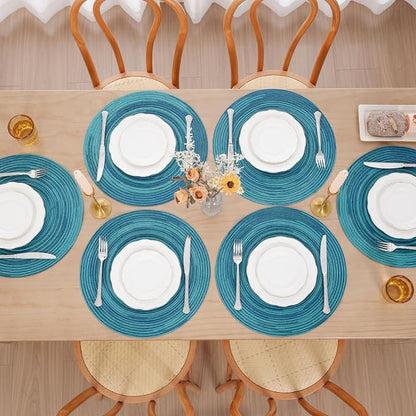 SHACOS 15 inch Round Placemats Set of 6 Variegated Multicolor Place Mats Cotton Polyester Braided Non Slip Washable Heat Resistant Table Mats for Home Wedding Dinner Party Table Decor, Rainbow Teal