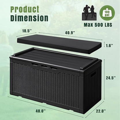Greesum 100 Gallon Resin Deck Box Large Outdoor Storage with Cushions for Patio Furniture, Garden Tools, Pool Supplies, Weatherproof and UV Resistant, Lockable, Black