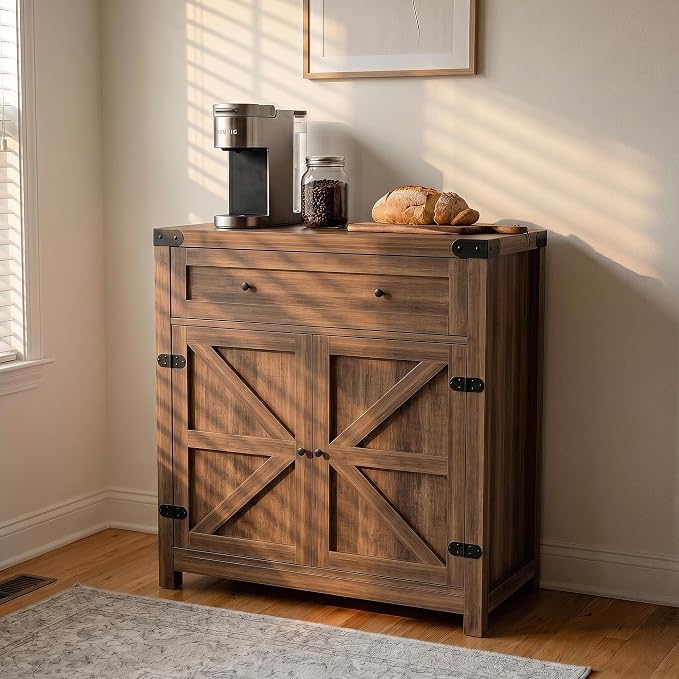 YESHOMY Kitchen Storage Coffee Bar Accent Cabinet, Brown&Rustic, 1PCS | Farmhouse Sideboard Buffet Cabinet, Large Drawer and Adjustable Shelf, Barn Door Accent Cabinet for Dining Room, Entryway