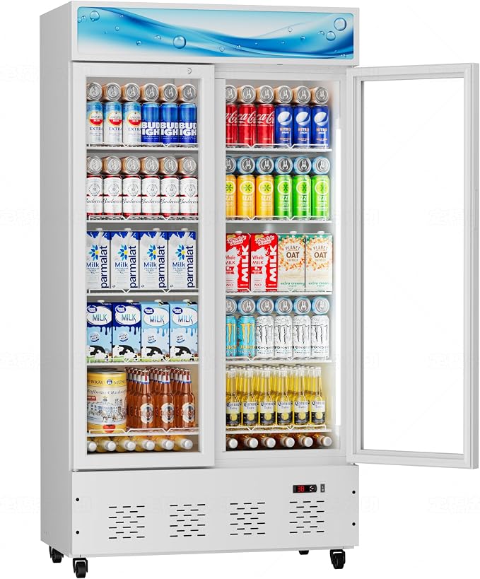 30 Cu.ft White Commercial Display Refrigerator,Glass Door Cooler Beverage Refrigerators with LED Light and 10 Shelves