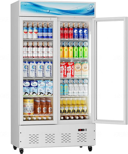 30 Cu.ft White Commercial Display Refrigerator,Glass Door Cooler Beverage Refrigerators with LED Light and 10 Shelves
