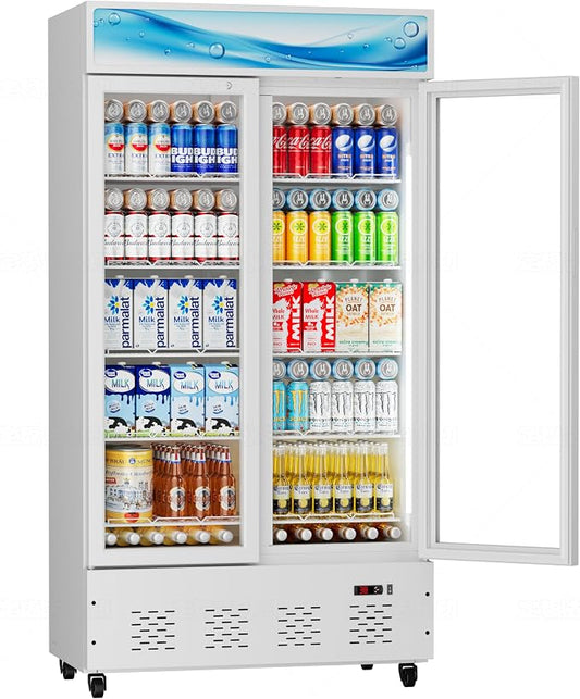 30 Cu.ft White Commercial Display Refrigerator,Glass Door Cooler Beverage Refrigerators with LED Light and 10 Shelves