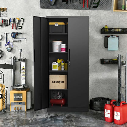 Metal Storage Cabinet with Lock, 71"H Garage Storage Cabinet, Black | Storage Cabinet with 2 Doors and 4 Adjustable Shelves, Steel Locking File Cabinet for Garage Office Home, 71"H x 16"D x 32"W