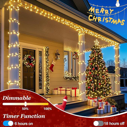 Christmas Tree String Lights Green Wire 75FT 300 LED Warm White | Dimmable, 12 Light Styles, Memory Timer, Waterproof, 29V Safe Low Voltage, Diamond-Faceted LED, Energy Efficiency