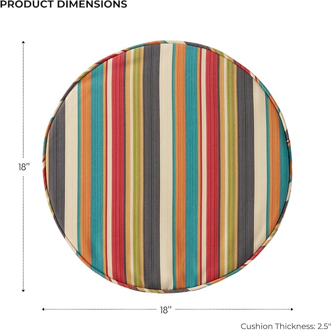 Set of 2 Outdoor 18 inch Round Patio Dining Chair Pads – Comfortable Fiber-Filled Seat Cushions with Ties, Reversible Polyester Fabric - Sunset Stripe