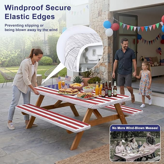 Picnic Table Cover with Bench Covers Windproof Waterproof Picnic Table Covers Camping Tablecloth with Self-Storage Bag, 72in, Bright White Wood
