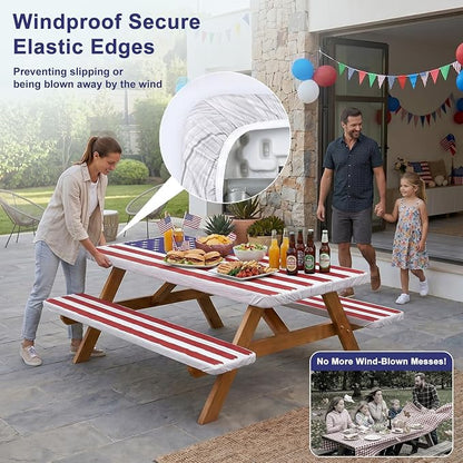 Picnic Table Cover with Bench Covers Windproof Waterproof Picnic Table Covers Camping Tablecloth with Self-Storage Bag, 72in, Bright White Wood