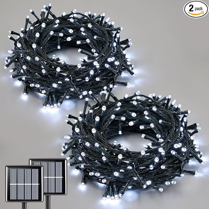 QITONG White Solar String Lights Outdoor Waterproof, 2 Pack Each 66ft 200 LED Solar Powered Christmas Lights, 8 Modes Green Wire Solar Fairy Lights for Outside