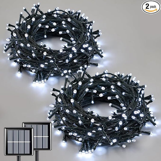 QITONG White Solar String Lights Outdoor Waterproof, 2 Pack Each 66ft 200 LED Solar Powered Christmas Lights, 8 Modes Green Wire Solar Fairy Lights for Outside