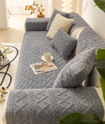 vctops Geometric Jacquard Plush Sofa Couch Covers Farmhouse Neutral Non Slip Sectional Couch Cover Soft Warm Sofa Slipcover for Dogs, Children, Pets Furniture Protector (Greyish Blue,43"x63")