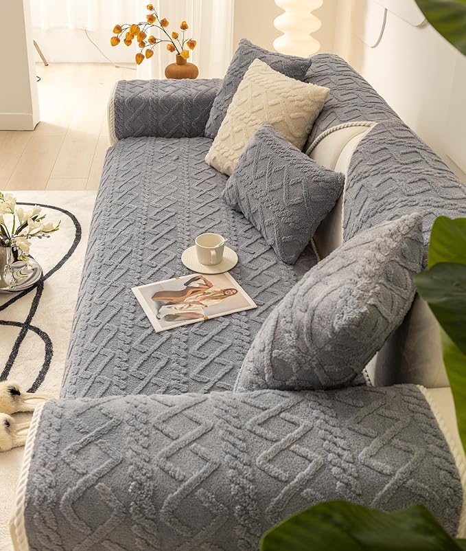 vctops Geometric Jacquard Plush Sofa Couch Covers Farmhouse Neutral Non Slip Sectional Couch Cover Soft Warm Sofa Slipcover for Dogs, Children, Pets Furniture Protector (Greyish Blue,28"x47")