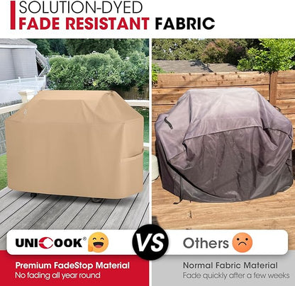Unicook 70 Inch Grill Cover for Outdoor Grill, Heavy Duty Large BBQ Cover with Handles and Straps, Compatible with Weber Charbroil Nexgrill Kenmore Grills etc, All Weather Protection, Light Brown