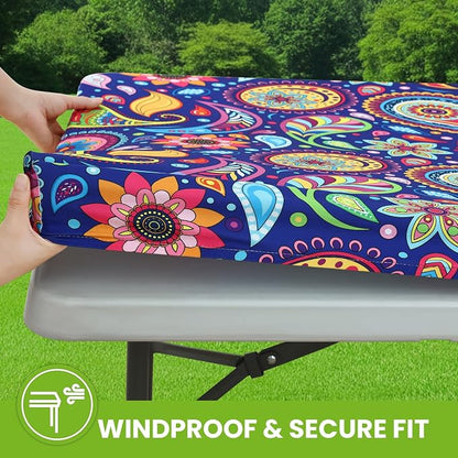Smiry Spandex Fitted Tablecloth for 6 Foot Rectangle Tables, Washable Picnic Table Cover with Elastic, Stretch Reusable Table Cloth for Outdoor, Camping, Dining & Kitchen (Navy Paisley, 30"x72")