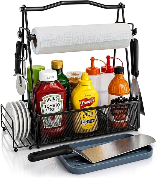 Grill Caddy for Outdoor Kitchen - Foldable Picnic Caddy for BBQ Accessories - Versatile Outdoor Kitchen Accessories Basket with Paper Roll Holder, Hooks & Compartments