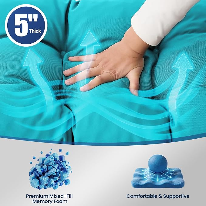 IASEAHK Outdoor Bench Cushion 48x18x5 Inch, Waterproof & Fade-Resistant Patio Furniture Cushions, Tufted Memory Foam Indoor/Outdoor Cushions for Couch Porch Swing with Non-Slip Backing & Straps, Teal