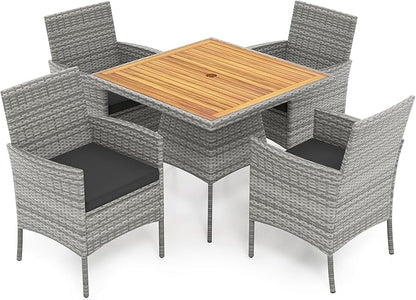 HAPPYGRILL 5 Pieces PE Wicker Patio Dining Set with Table and Chairs with Cushions, Outdoor Patio Furniture Set for Deck, Garden and Backyard (Grey Black & Wood)