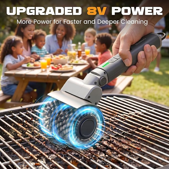 MulWark Electric Grill Brush, BBQ Electric Grill Cleaner with 2 Heads, 480RPM Cordless Motorized Cleaner, 5200mAh Grill Cleaner for Outdoor Grill 6-Piece Kit with Degreasing Pad and Glove