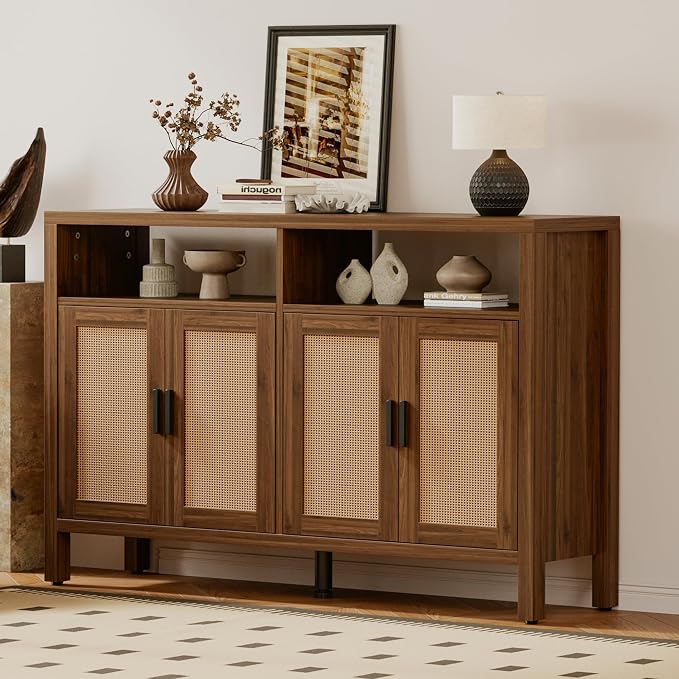 Rattan Buffet Cabinet with Storage, Sideboard with Doors, Console Table, Farmhouse Coffee Bar, Modern Wood Storage Cabinets(Walnut 2.0)