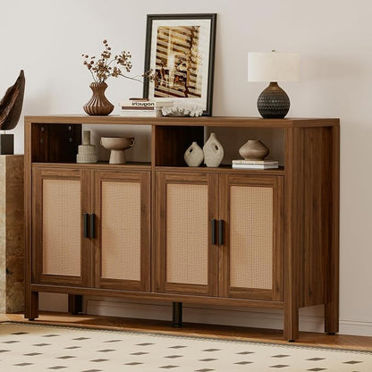 Rattan Buffet Cabinet with Storage, Sideboard with Doors, Console Table, Farmhouse Coffee Bar, Modern Wood Storage Cabinets(Walnut 2.0)