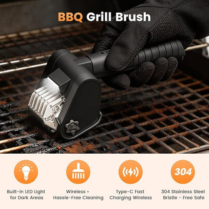 Electric Grill Brush BBQ Grill Cleaning Brush 450 RPM Stainless Steel Removable Head Type-C Rechargeable with LED Light Grill Cleaner Brush