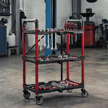 WORKPRO 3-Tier Collapsible Utility Cart, 210 LBS Cart with Wheels | No Assembly Required, Foldable Service Cart with Spacious Shelves for Garage, Warehouse, Office & Home Use, Black/Red