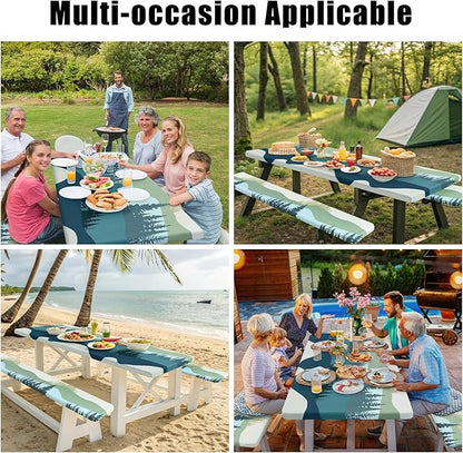 Smiry Picnic Table Cover with Bench Covers, Waterproof Elastic Fitted Tablecloth for 5 Foot Tables, Washable Polyester Tablecloths for Camping, Indoor & Outdoor (Green Blue, 30x60 Inch 3-pc Set)