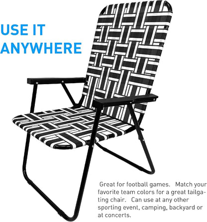 Lawn Chair Folding Steel Webbing Chaise Patio Lounger Seat Wood Handles Great for Camping, Beach, Fishing, Backyard, Stadium, Pool, Boating, and Sports 2 Pack Black