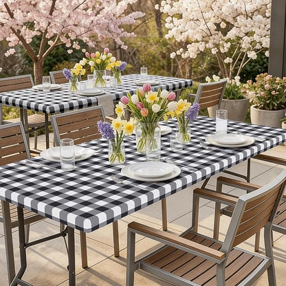 Smiry Rectangle Picnic Table Cloth, Elastic Waterproof Fitted Vinyl Tablecloths, Flannel Backed Buffalo Plaid Table Covers for Dining, Camping, Outdoor (Black and White, 18" x 96")