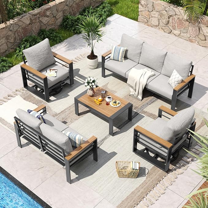 Aoxun Aluminum Patio Furniture Set 7 Seats with Rocking Chair, Oversized Outdoor Sectional with Washable Thick Cushions, Coffee Table, Patio Conversation Sets for Porch, Balcony, Deck