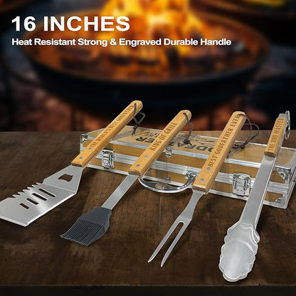 Godfather Gift, Fathers Day for Godfather Heavy Duty Wooden BBQ Grilling Accessories Kit for Backyard, Thick Stainless Steel Grill Utensils with Non-Slip Handle Tools in Portable Bag Birthday