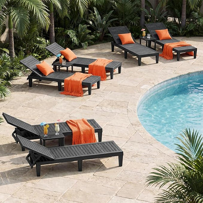 NUNU LAB Outdoor Chaise Lounges Set of 6, 5-Position Adjustable Patio Recliners with All-Weather Resin, Sun Loungers for Deck, Garden, Beach, Pool Sunbathing, Black 6 Pack