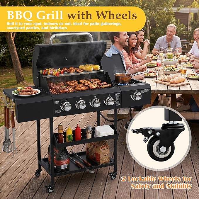 4-Burners Propane Gas BBQ Grill with Top Cover Lid&Side Burner, 50,000BTU Outdoor Gas Grill with Stainless Steel Grates, Storage Racks & Hooks for Patio Yard (Black without Door)