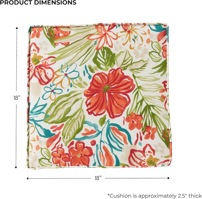 Outdoor 18 inch Square Patio Dining Chair Pads – Comfortable Fiber-Filled Seat Cushions with Ties, Reversible Polyester Fabric - Breeze Floral, Set of 4