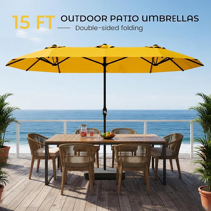 DomeShade 15FT Double-Sided Patio Umbrella with Base,Large Outdoor Rectangular Market Umbrella with Stand & Crank Lift,UV-Resistant Outside Umbrella for Garden,Poolside,Lawn,Deck,Yellow