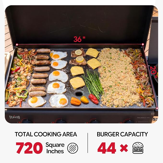 Feasto 36-Inch 4 Burner Propane Flat Top Grill with Hood and Side Burner | 720 Sq. In. Outdoor Griddle with Protective Hood, 50,000 BTU Main Burners, 13,000 BTU Lidded Side Burner, Folding Side Table