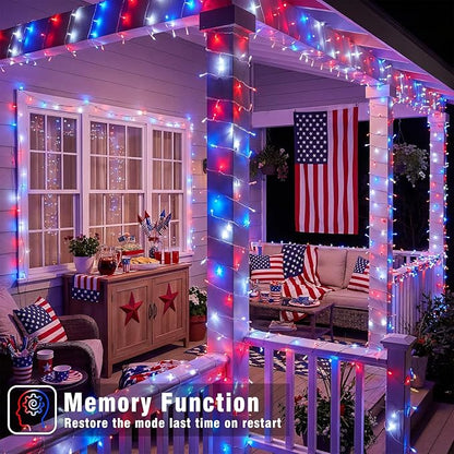 Red White and Blue String Lights, 66FT 200 LED 4th of July Lights Outdoor with 8 Modes, Waterproof Independence Decorations Lights for Indoor Memorial Day House Party Holiday