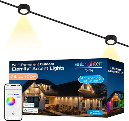 Enbrighten Accent Permanent Outdoor Lights, 100ft, 24 Lights, Smart | Black Cord, RGBWIC LEDs, Weatherproof, Cuttable, Link to 200ft, Christmas, App Control, Works with Alexa & Google Home